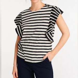 Derek Lam Top Crosby Black White Nautical Stripe Ruffle Short Sleeve Size M NEW